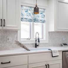 White Kitchen With Blue Floral Shade