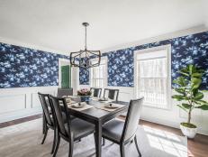 Blue and White Dining Room With Floral Wallpaper
