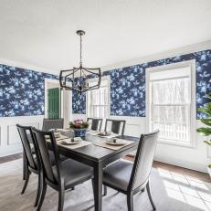 Blue and White Dining Room With Floral Wallpaper