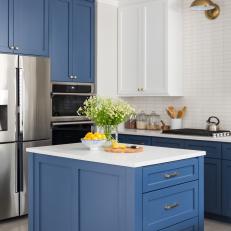 Blue And White Kitchen With Small Island