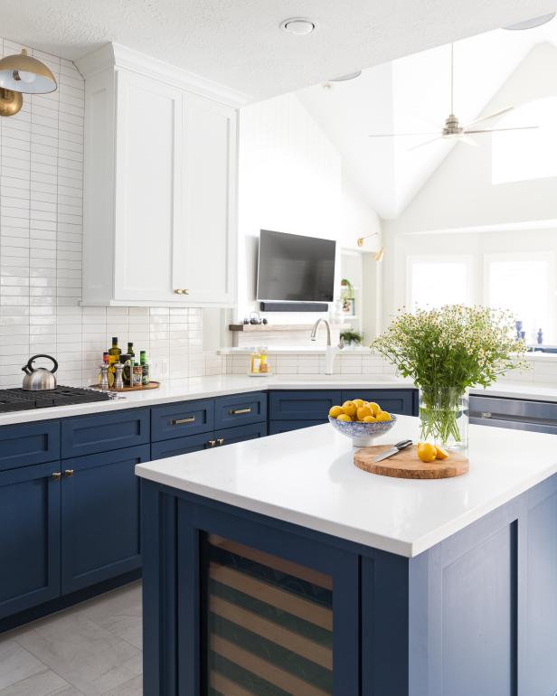 Bright Blue And White Kitchen With Rectangular Island | HGTV