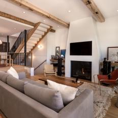 Warm Neutral Living Room With Exposed Beams