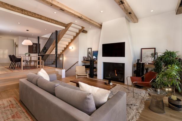 Warm Neutral Living Room With Exposed Beams Hgtv