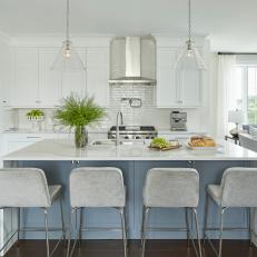 Transitional Open Plan Kitchen With Gray Island