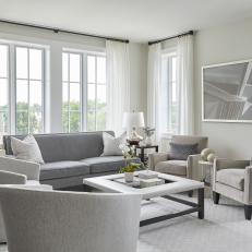 Gray Transitional Living Room With Barrel Chairs