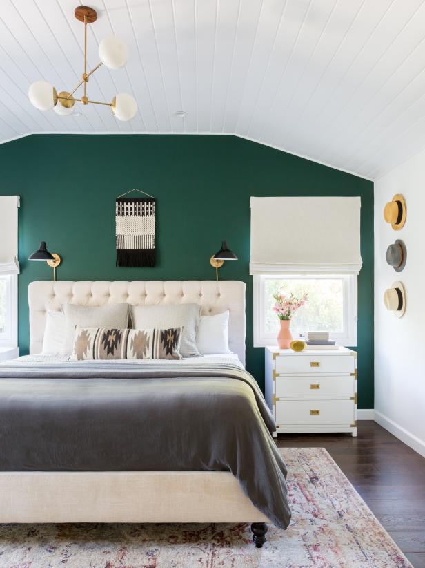 green and off white bedroom