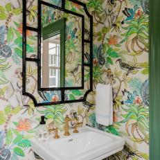 Green Powder Room With Jungle Wallpaper
