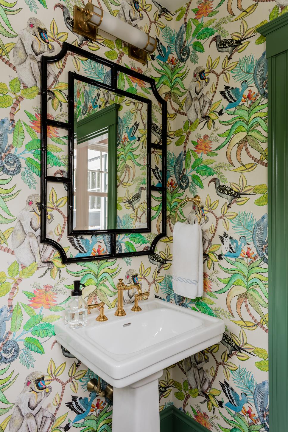 Green Powder Room With Jungle Wallpaper Hgtv Powder rooms are no exception. green powder room with jungle wallpaper
