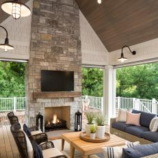 Cottage Outdoor Living Room With Fireplace