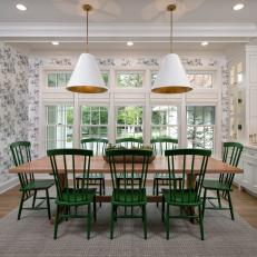 Cottage Dining Room With Green Chairs