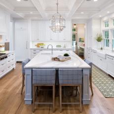 White Transitional Chef Kitchen With Green Rug