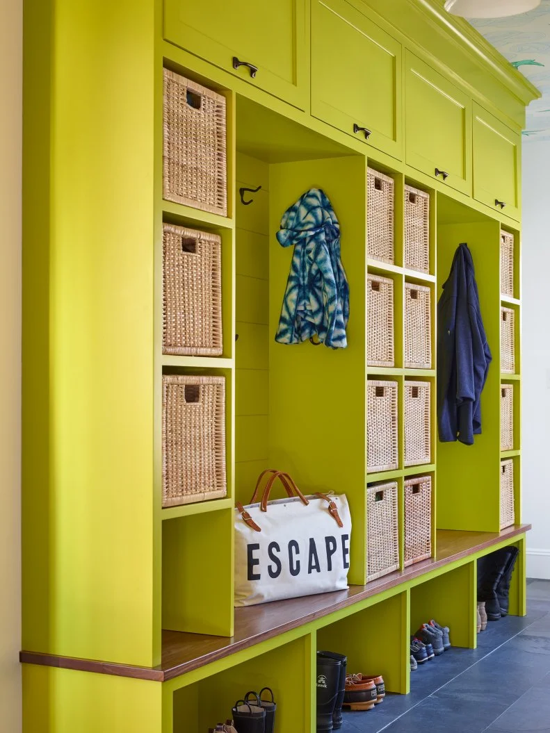 Close Up Of Built-In Storage With Bench Seating In Mudroom