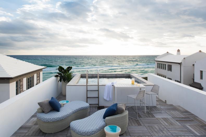 Private Rooftop Hot Tub Facing Ocean With Nearby Chaise Chairs