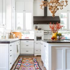 White Eclectic Kitchen With Moroccan Runner