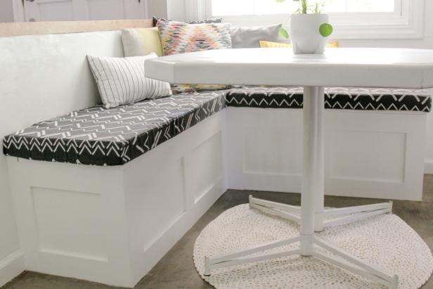 A Banquette Seat With Built In Storage, Dining Room Couch Benchtop Table