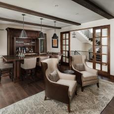Traditional Neutral Bar With Exposed Beams