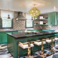 Green Art Deco Kitchen With Gold Barstools