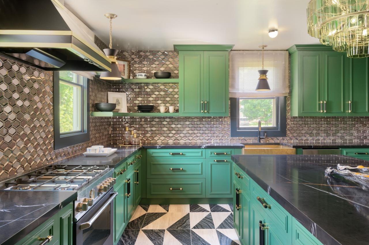 Green Art Deco Kitchen With Black Countertops Hgtv