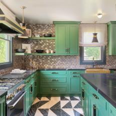 Green Art Deco Kitchen With Black Countertops