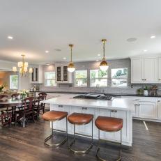 White Eat-In Kitchen With Leather Barstools