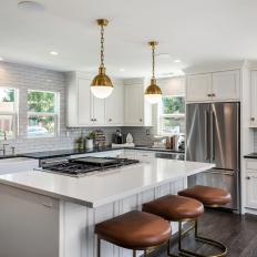 White Chef Kitchen With Leather Stools
