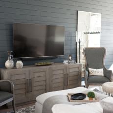 Gray Transitional Living Room With Shiplap
