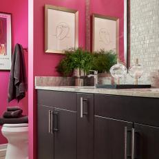 Bright Pink Bathroom With Dark Chocolate Vanity