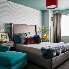 Eclectic Master Bedroom With Green Chaise