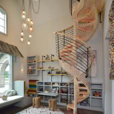 Industrial Teens Bedroom With Spiral Staircase