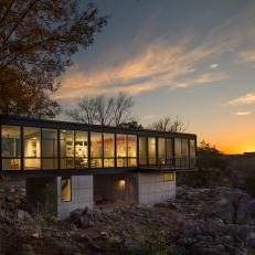Modern Rectangular Home Exterior At Sunset