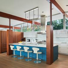 Midcentury Modern Kitchen With Blue Kitchen Island