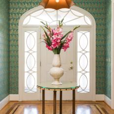 Transitional Foyer With Green And Gold Leaf Wallpaper