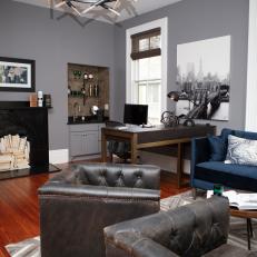 Modern Gray Home Office With Wet Bar