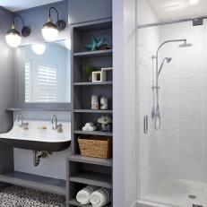 Gray Guest Bath With Built-Ins