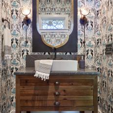 Single Vanity Bathroom With Sea-Inspired Wallpaper