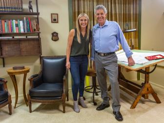 (Left to Right) HGTV host Jasmine Roth (Hidden Potential) and Barry Williams (Greg Brady) pose near Mike Brady's architect drafting in newly renovated Mike’s Den in the original Brady House, in Studio City, California, as seen on A Very Brady Renovation.
