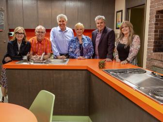 The Brady children pose in the renovated kitchen of the original Brady house (L to R: Maureen McCormick/Marcia, Mike Lookinland/Bobby, Barry Williams/Greg, Eve Plumb/Jan, Christopher Knight/Peter and Susan Olsen/Cindy), in the original Brady Bunch home in Studio City, California, as seen on A Very Brady Renovation.
