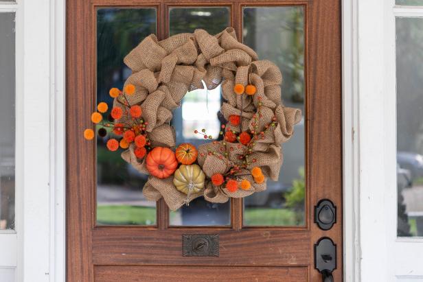 Fall Wreath Made from Burlap on a Front Door