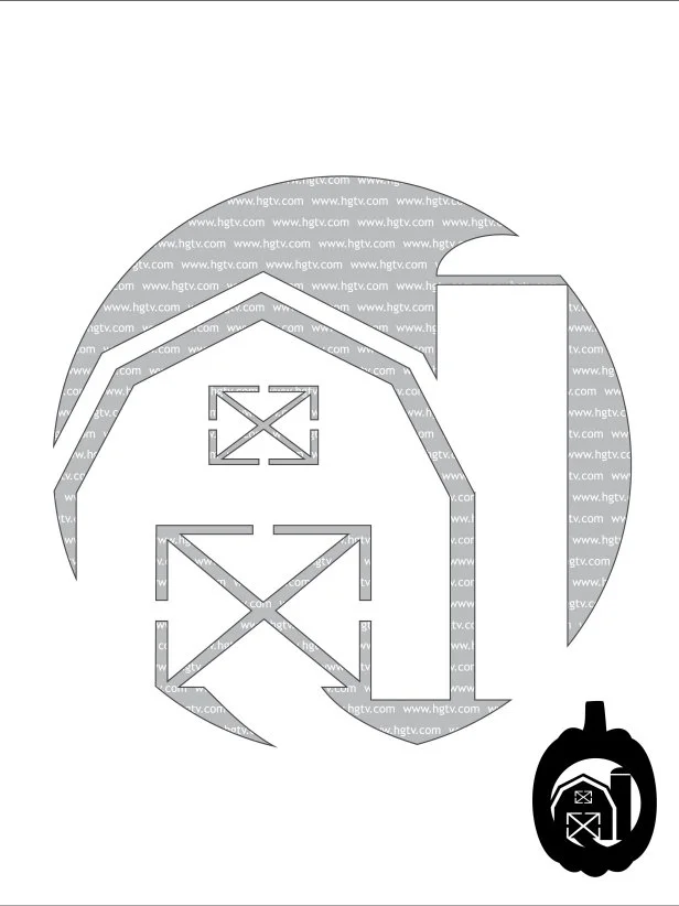 Download and print a pumpkin carving stencil featuring a farmhouse barn and silo.