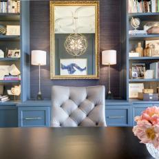 Blue Contemporary Home Office With Pink Bouquet