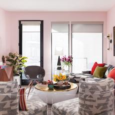 Pink Contemporary Living Room With Red Pillows