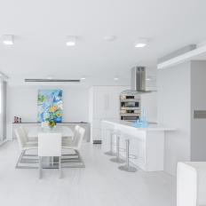 Modern White Open Plan Kitchen With Blue Art