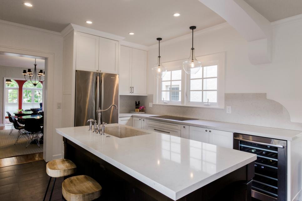 Black and White Kitchen With Wood Stools HGTV