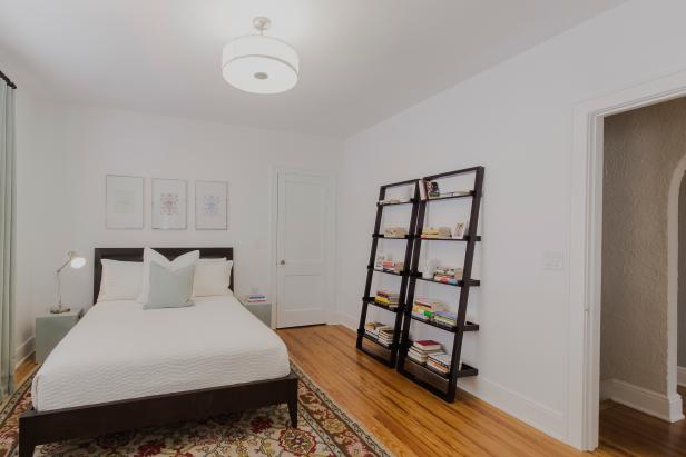 Neutral Bedroom With Ladder Bookshelves Hgtv