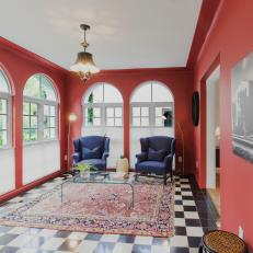 Red Sitting Room With Arched Windows