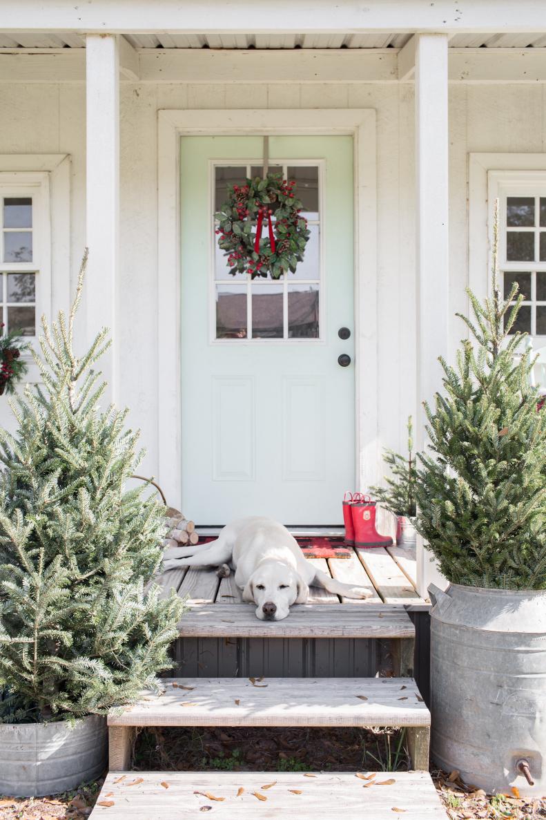 A Dog Lounges On The Front Porch Of Kids Backyard Playhouse