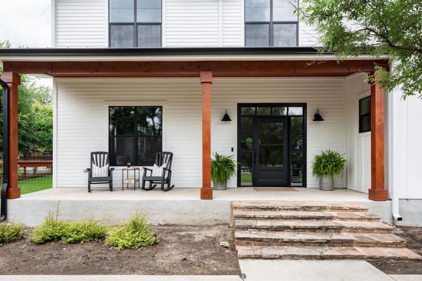 Mixed Metal And Warm Wood Front Porch On Modern Farmhouse