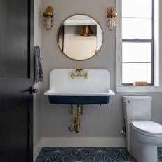 Contemporary Bathroom With Navy Geometric Floor Tiles