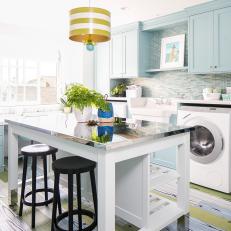 Blue Transitional Laundry Room With Striped Pendant