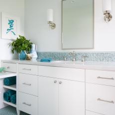 Blue Bathroom With Penny Tile Floor
